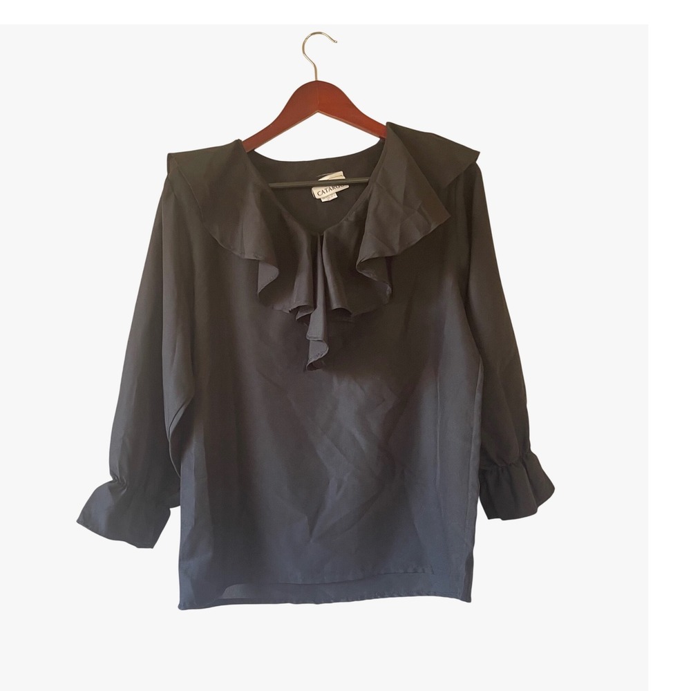 Vintage Black Ruffle Collar‎ Long Sleeve Shirt Women Size S oversized Victorian